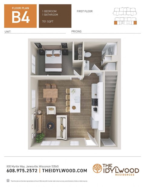Floor plan for 1 bed, 1 bath, 701 sqft
